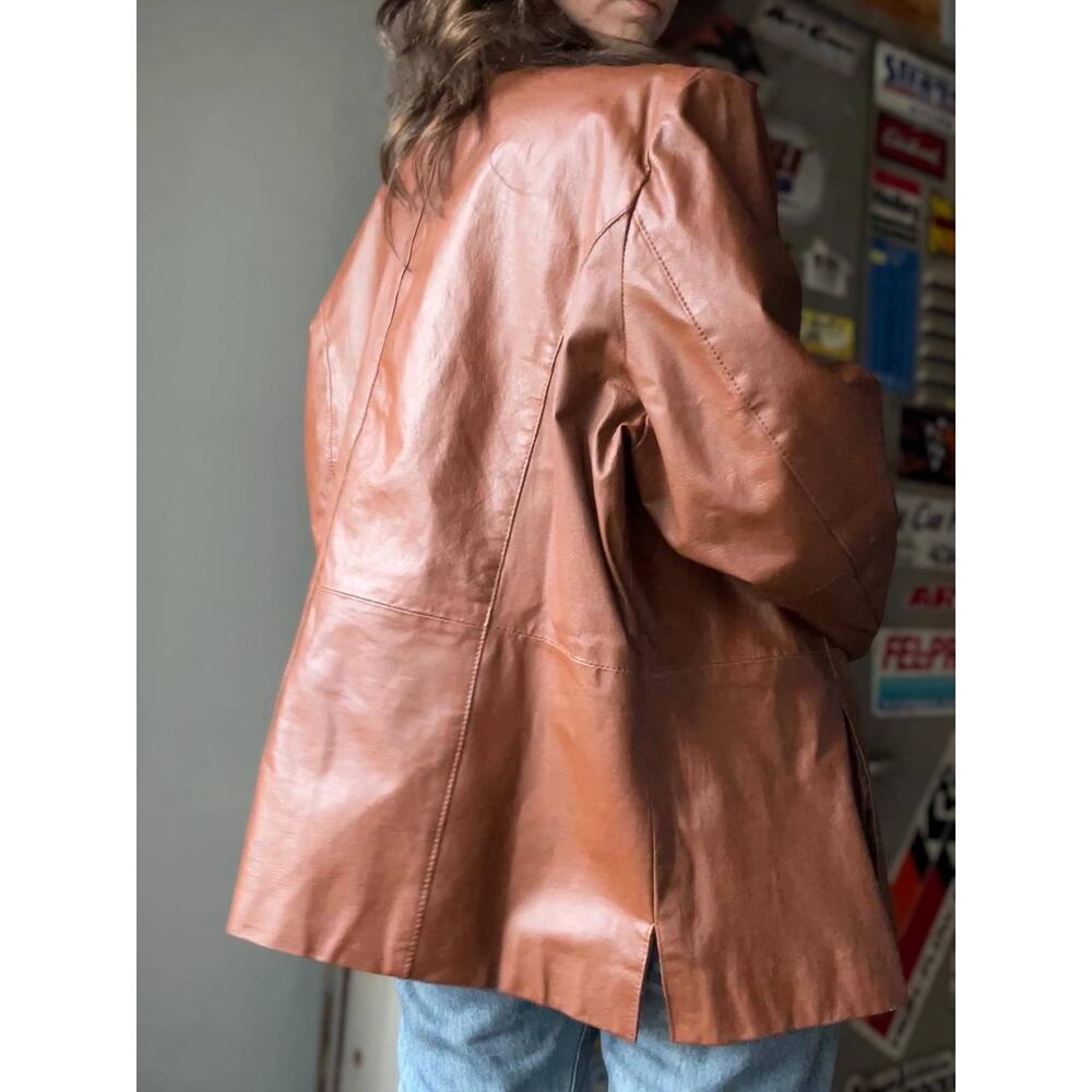 Vintage Brown Leather Blazer | Cognac Brown 3-Button Jacket | Size XL - Picture 3 of 8